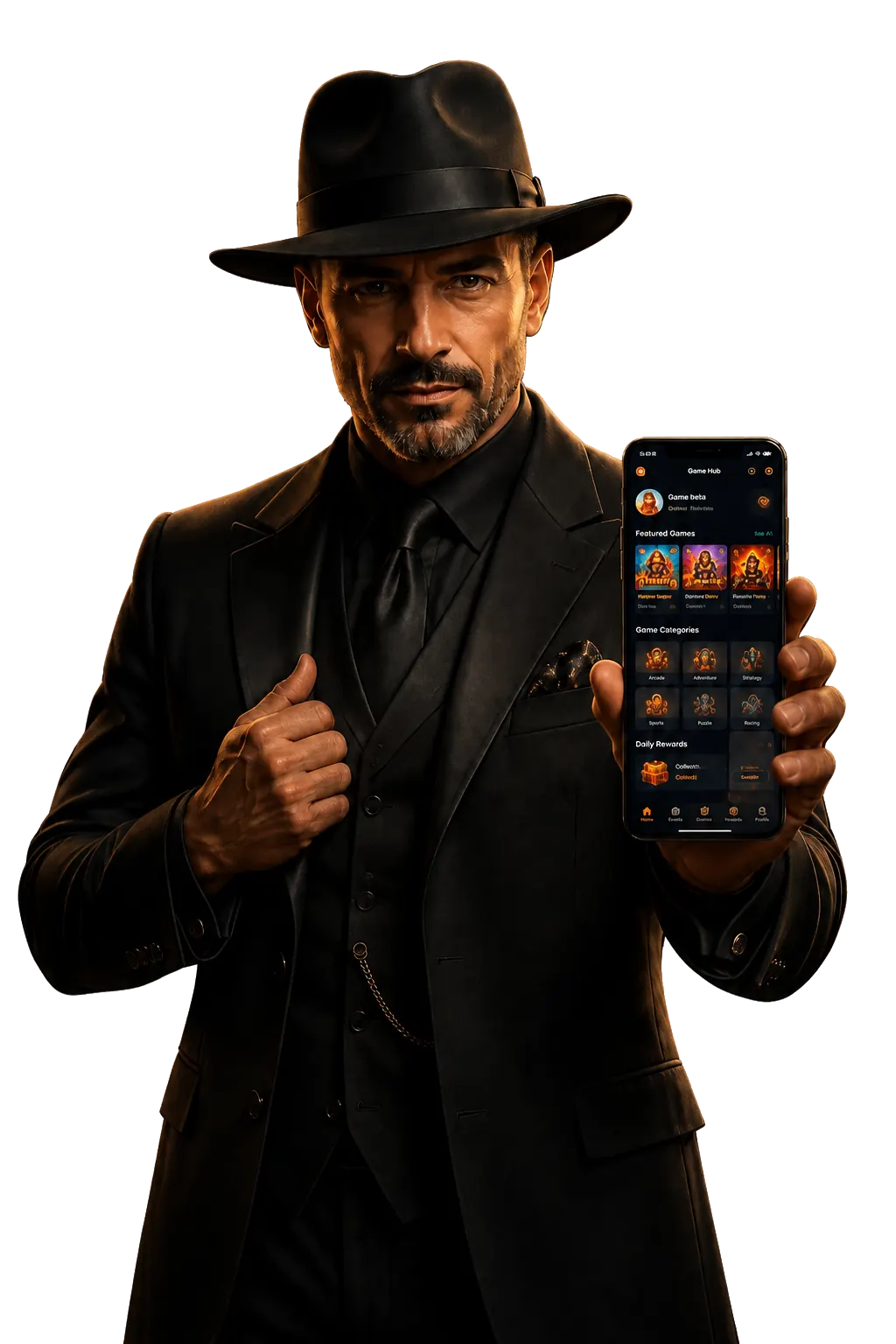 Maanwin noir host presenting the mobile game hub